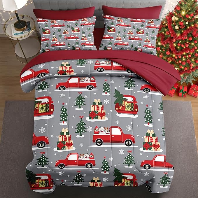 7 Pcs Queen Size Christmas Comforter Set with 2 Pillowcases & 2 Shams, Red Cartoon Truck Bedding for Kids and Adults, Merry Winter Pine Tree Bed in a Bag with Flat Fitted Sheet