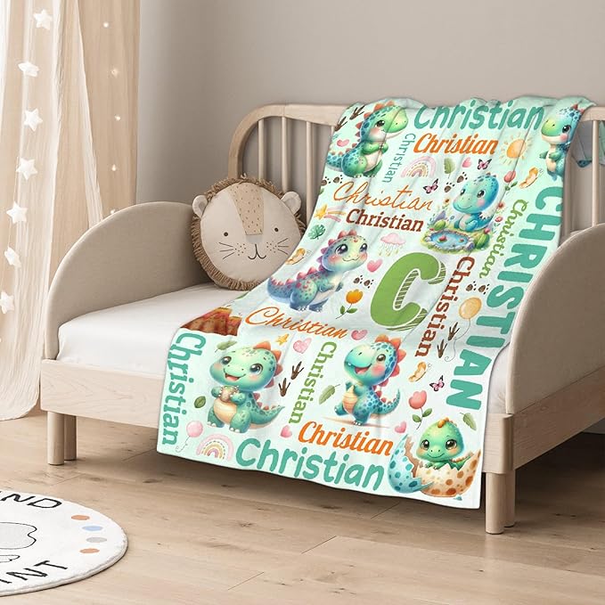 Personalized Custom Green Dinosaur Preschool Blanket Gifts for Baby Toddler Kids Boys Girls - Customized Green Dinosaur Super Soft Flannel Sheets Decor for Crib Nap Couch - 30"x40" for Baby/Pets