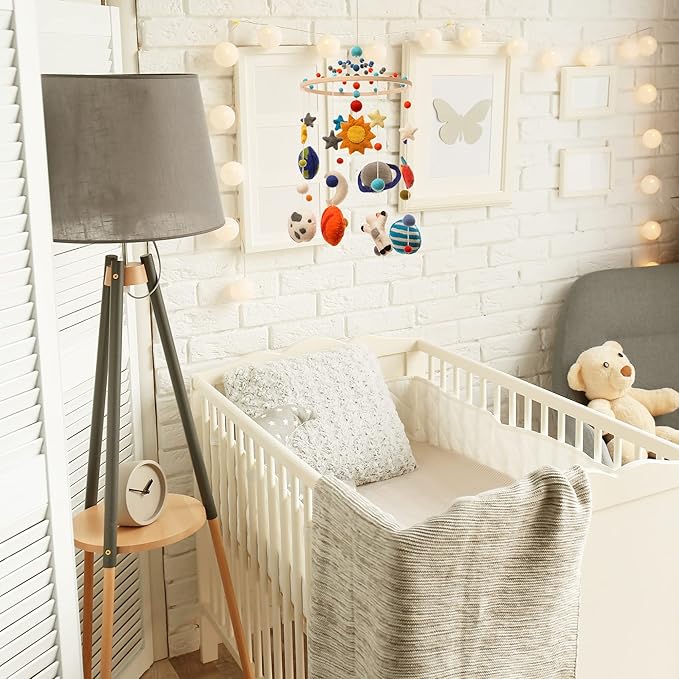 Glaciart One Space Nursery Mobile - Colorful Decor for Crib, Baby Rooms - Handmade, Child-Safe Wood, Felt Wool & Cotton - Solar System Decoration for Girls & Boys - 10x24Inch, 50Inch Hanging String