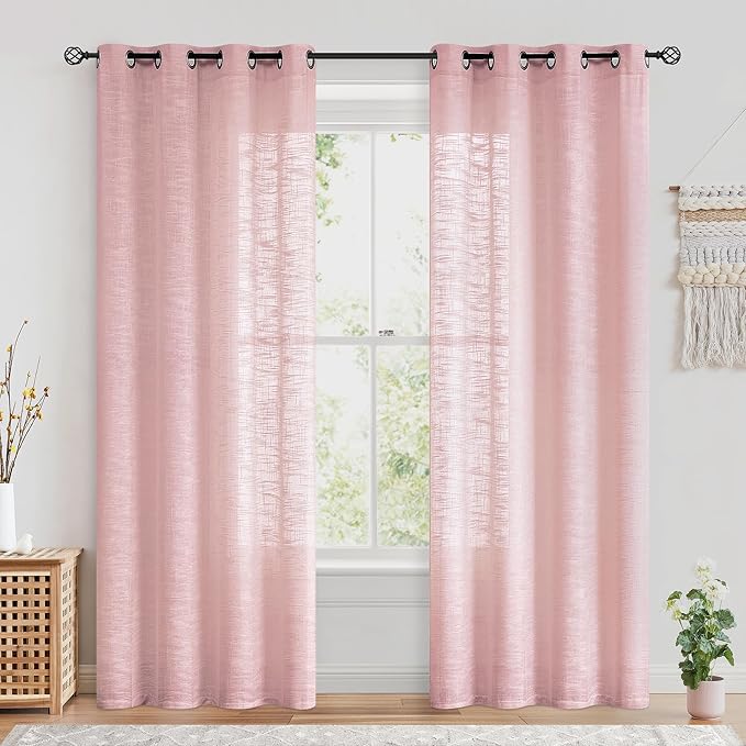 FMFUNCTEX Linen Semi Sheer Curtains for Bedroom, Blush Pink Curtains 84 Inches Long for Living Room, Country Farmhouse Sheer Drapes, Light Filtering Window Curtain, Grommet Top 2 Panels