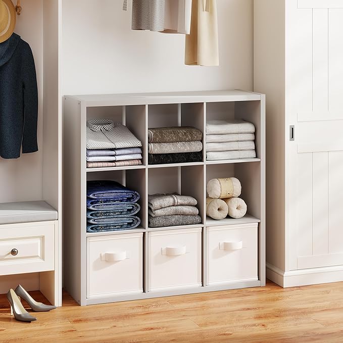 White 9 Cube Storage Organizer with Thickness Wooden Board, Wooden Nice Cube Storage Organizer, 9 White Cubbies Shelf for Bedroom, Living Room, Playroom, 14.6" × 43.8" × 43.8"