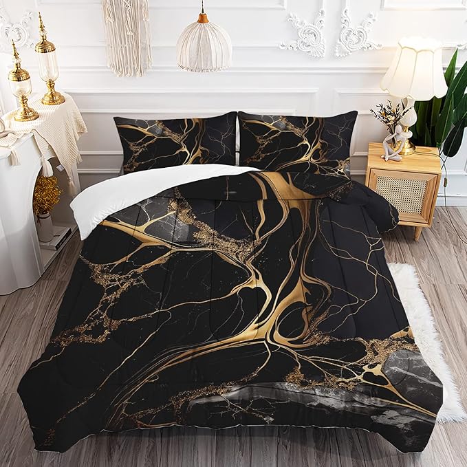 Marble Comforter Sets Twin Size Black and Gold Bedding Set for Girls Teens Women Chic Pastel Glitter Luxury Texture Marbling Quilt 1 Comforter + 1 Pillow Case