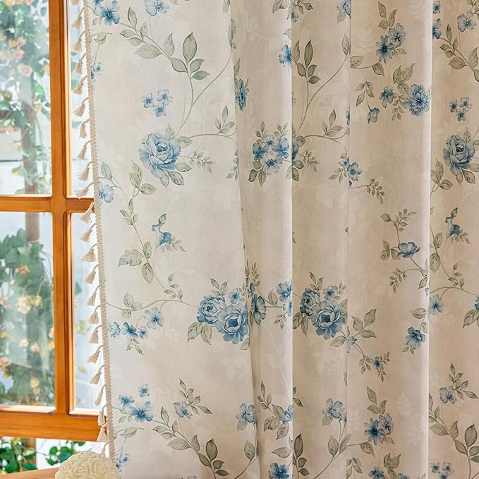 ENJOYBRIDAL Blue Floral Curtains 63 Inches Long Bedroom Cute Drapes Rod Pocket Boho Semi Sheer Short Window Curtain Panels Rustic Living Room Farmhouse 2 Panels Vintage Window Treatments