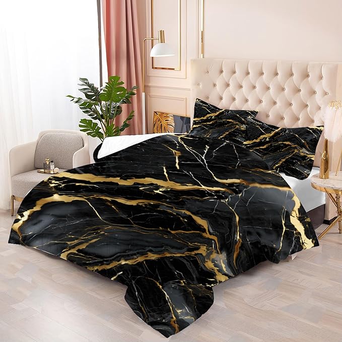 Black and Gold Comforter King: Abstract Black Marble Bedding Sets for Teens Adults Bedroom Home Decor Modern Luxury Gold Glitter Quilt Bed Set 3 Piece