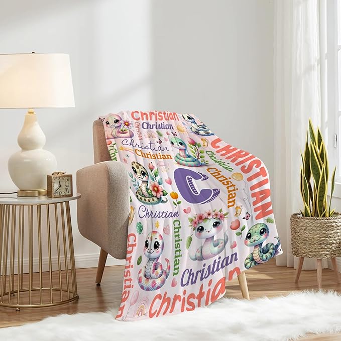 Personalized Custom Snake Blanket Gifts for Kids Boys Girls with Name - Customized Snake Super Soft Lightweight Flannel Sheets Decor for Crib Nap Couch - 60"x80" for Adult