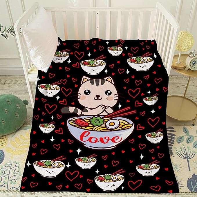Thuswarm Kawaii Ramen Cat Red Heart Love Flannel Throw Blanket Warm Cozy Soft Funny Print Blankets for Bed Couch Sofa Room Decoration Gifts 60"×50" Medium for Teen