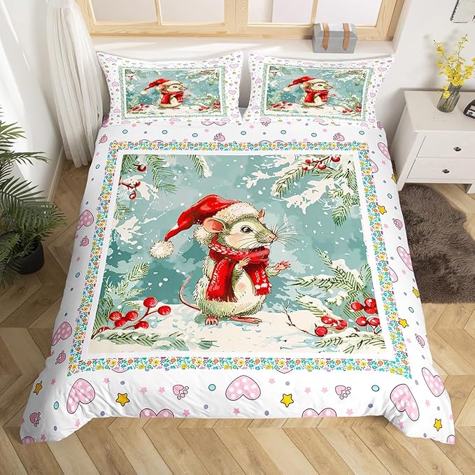 Feelyou Christmas Bedding Set Xmas Tree Snowflake Duvet Cover for Kids Boys Girls Cartoon Mouse Love Print Comforter Cover Cute Animal Bedspread Cover Bedroom Collection 3Pcs Full Size,No Comforter