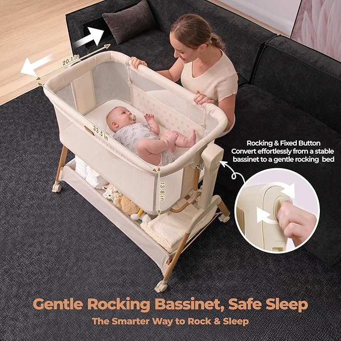 Ezebaby Baby Bassinet Bedside Sleeper: 3-in-1 Rocking Bassinet for Baby - Breathable Full-Mesh Crib with Mattress | 6 Height Adjustable | Portable Crib with Lockable Wheels for Newborns