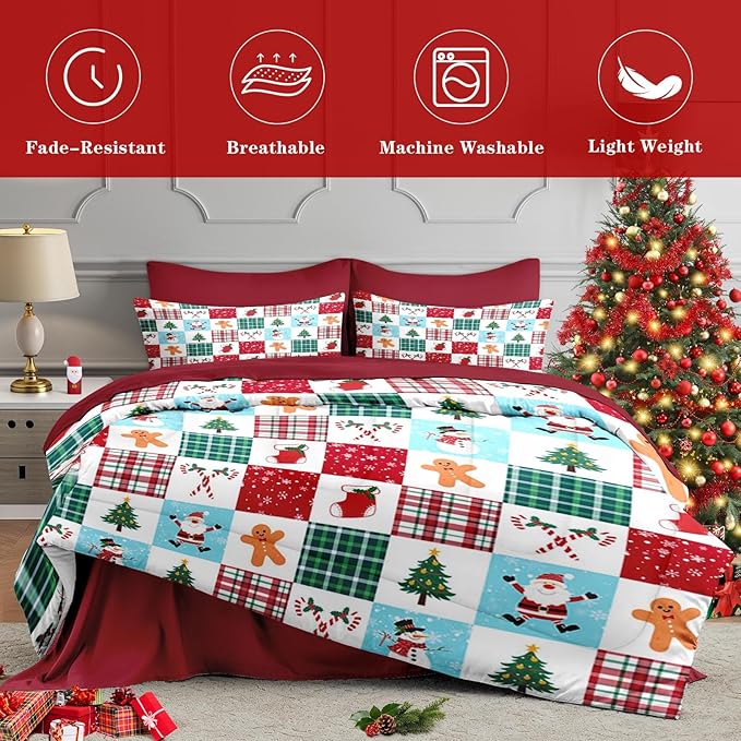 7 Pcs Full Size Christmas Comforter Set with 2 Pillowcases & 2 Shams, Colorful Plaid Snowman Bedding for Kids and Adults, Cute Gingerbread Man Bed in a Bag with Flat Fitted Sheet