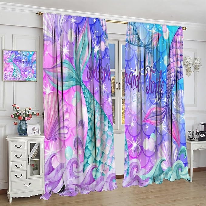 Dream Mermaid Curtain Colorful Mermaid Shell Ocean Theme Fantasy Blackout Curtains for Kids Boys Girls Bedroom Nursery Room Decor Rod Pocket Window Drapes 63x72in