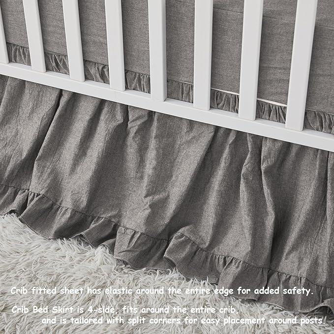 Brandream Ruffle Crib Bedding Set for Baby Boys 100% Cotton Gender Neutral Boho Bohemian Farmhouse Chic 6-Piece Nursery Bedding Set Grey