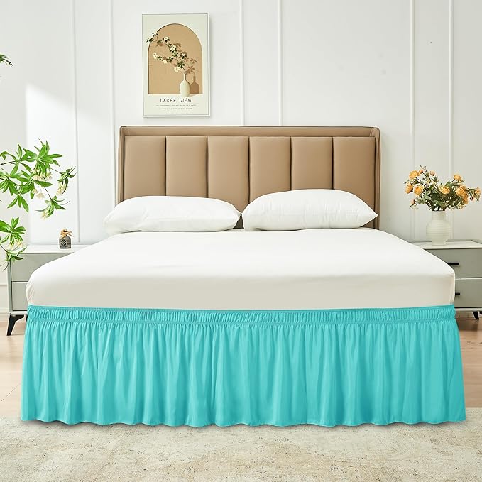 Biscaynebay Wrap Around Bed Skirts for Full & Full XL Beds with 15" Drop, Aqua Adjustable Elastic Dust Ruffles Easy Fit Wrinkle & Fade Resistant Silky Luxurious Fabric Machine Washable