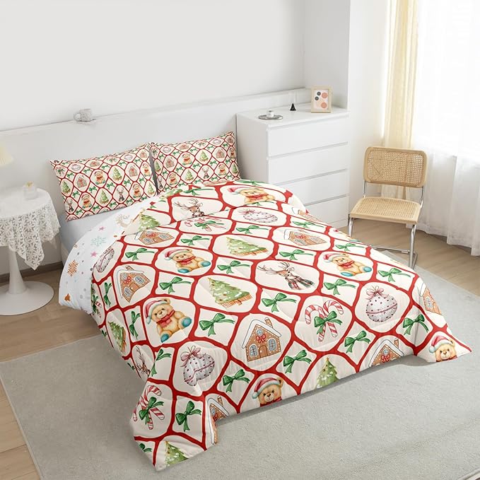 Merry Christmas Comforter Set Full Size,Kawaii Bowknot Cartoon Xmas Bear Kids Bedding Set,Pine Tree Geometric Lattice Quilt Comforter,Beige Red Green Duvet Insert,2 Pillowcases