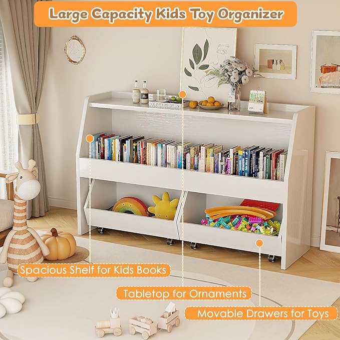 COZPAW Toy Storage Organizer, 2 Tier Montessori Shelf with Movable Bins, Toy Organizers Book Shelf for Kids Room, Playroom, Nursery (White)
