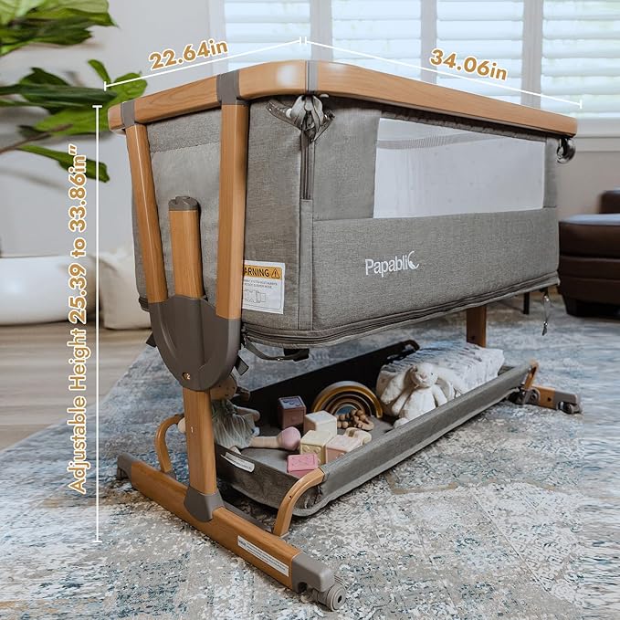 Papablic 4 in 1 Baby Bassinet, Bedside Bassinet for Baby, Adjustable Rocking Bassinet Bedside Sleeper with Soft Mattress & Storage Basket, Easy to Assemble