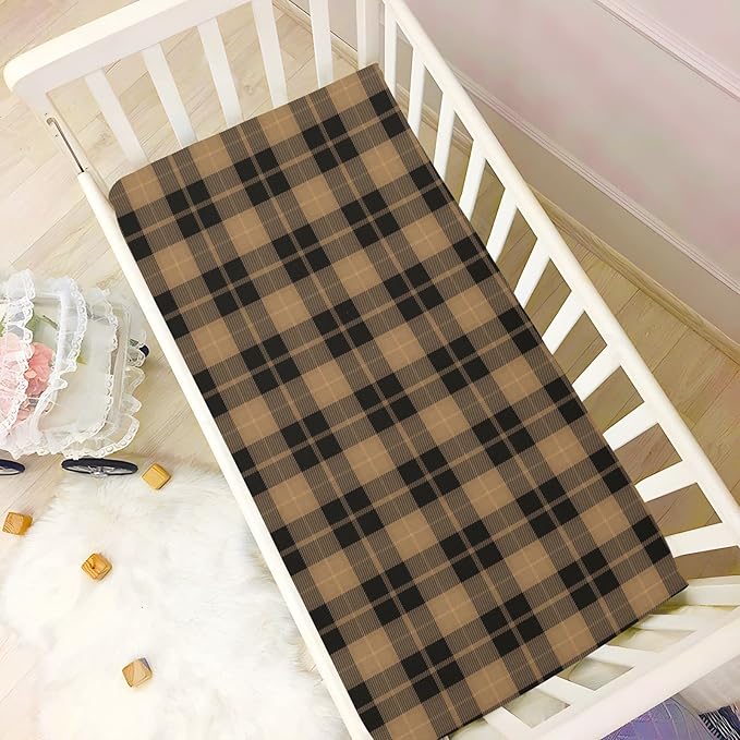 Brown Plaid Crib Sheets Soft Breathable Fitted Baby Crib Sheets Mattress Cover for Girl Boys, 52" x 28" x 9"