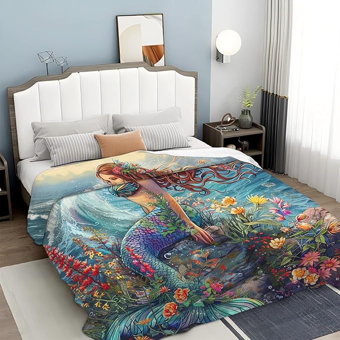 Tijuboni Mermaid Throw Blanket Mermaid Gifts for Girls Women Boys Men Kids Adults Soft Flannel Fleece Blanket for Couch Sofa Bed Home Decor 60"x80"