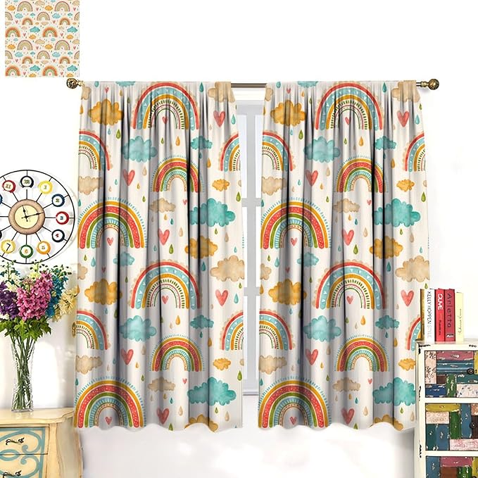 Boho Rainbow Curtains for Kids Nursery Colorful Floral Sun Star Clouds Pastel Bohemian Pattern Print Window Drapes for Girl Bedroom Living Room Kitchen Decor,2 Panel Set,42Wx63H Inch Blackout
