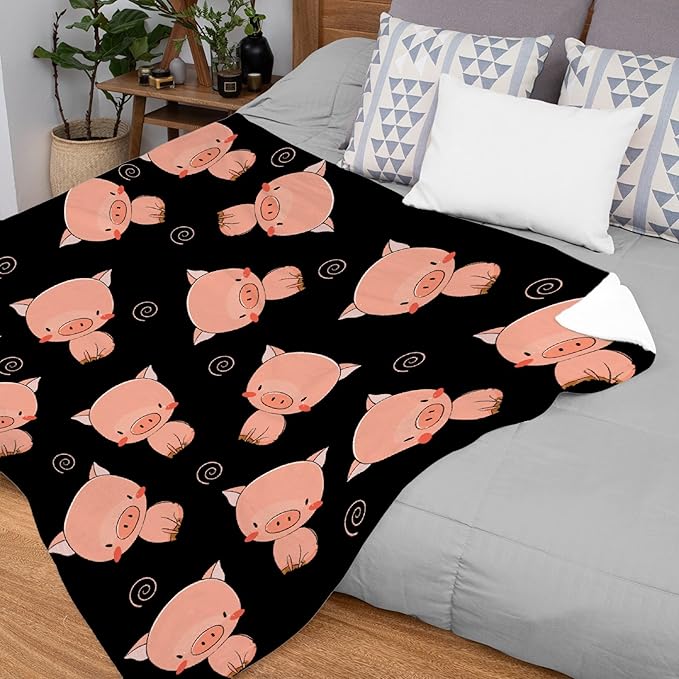 Thuswarm Cute Piggy Kawaii Pig Black Flannel Throw Blanket Warm Cozy Soft Funny Print Blankets for Bed Couch Sofa Room Decoration Gifts 120"×90" Extra Large for Family
