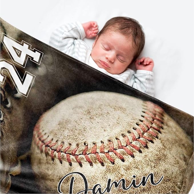 Personalized Baseball Blanket for Baby Boys and Girls - Soft and Fluffy Sport Blanket for Toddlers and Kids - Custom Name and Number Gift for Newborn(40"x50")