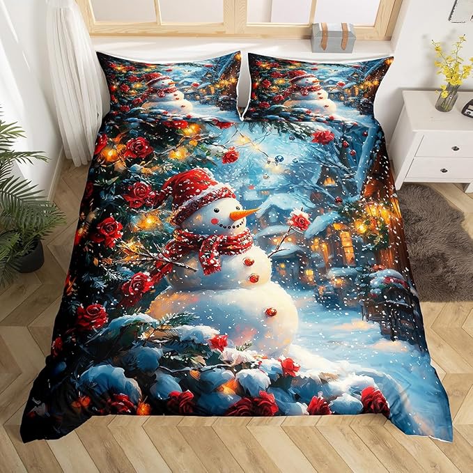Manfei Christmas Kids Duvet Cover Set King Size, Cute Snowman Red Flower Bedding Set for Boys Girls Adults, New Year Winter Comforter Cover, Soft Polyester Quilt Cover, 2 Pillowcases, No Comforter