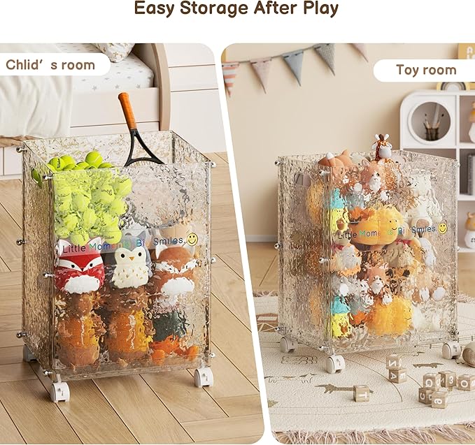 Stuffed Animal Storage with Wheels, Rolling Toy Storage Bin, Slim Tall Kid-Safe, Impact-Resistant Organizer for Playroom/Nursery/Bedroom, 360° Wheels, Fits Yoga Mats & Sports Gear (Glacier)
