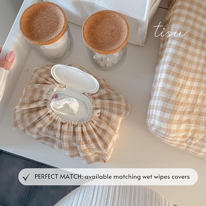 TISU Muslin Changing Pad Cover for Baby Girls Boys, Premium Soft Breathable Cotton in Gingham Pattern, Diaper Change Table Pad Cover (Beige Gingham)