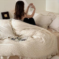 BuLuTu Muslin Duvet Cover for Queen Size Bed, Vintage Farmhouse Bedding Camellia Floral Quilt Cover with Ruffles, Soft Cotton Comforter Cover 90"x90", Zipper & Corner Ties, No Pillow