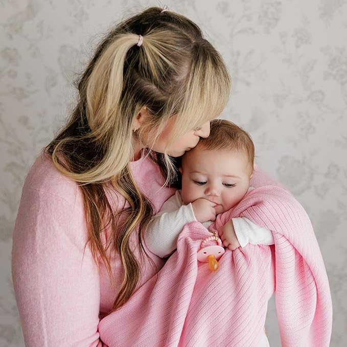 Organic Ribbed Swaddle Blanket for Boys & Girls - 100% Luxury Organic Soft Cotton Knit Warm Cozy Cuddle Stroller Blanket for Newborns, Infants, & Toddlers (Bubblegum)