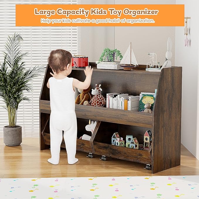 COZPAW Toy Storage Organizer, 2 Tier Montessori Shelf with Movable Bins, Toy Organizers Book Shelf for Kids Room, Playroom, Nursery (Brown)
