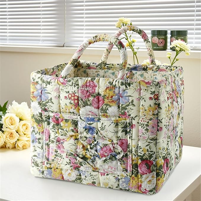 Boho Fabric Storage Basket, Collapsible Floral Laundry Nursery Hamper, Portable Folding Organizer Bin for Home Office Picnic Clothes Toys Books Sundries Storage (Floral 8)
