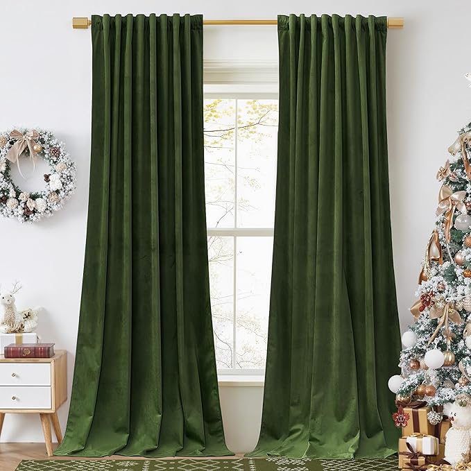 StangH Moss Green Curtains 100 inches Long Back Tab Thermal Insulated Room Darkening Drapes for Sliding Door Living Room Christmas Decoration for Bedroom, W52 x L100, 2 Panels