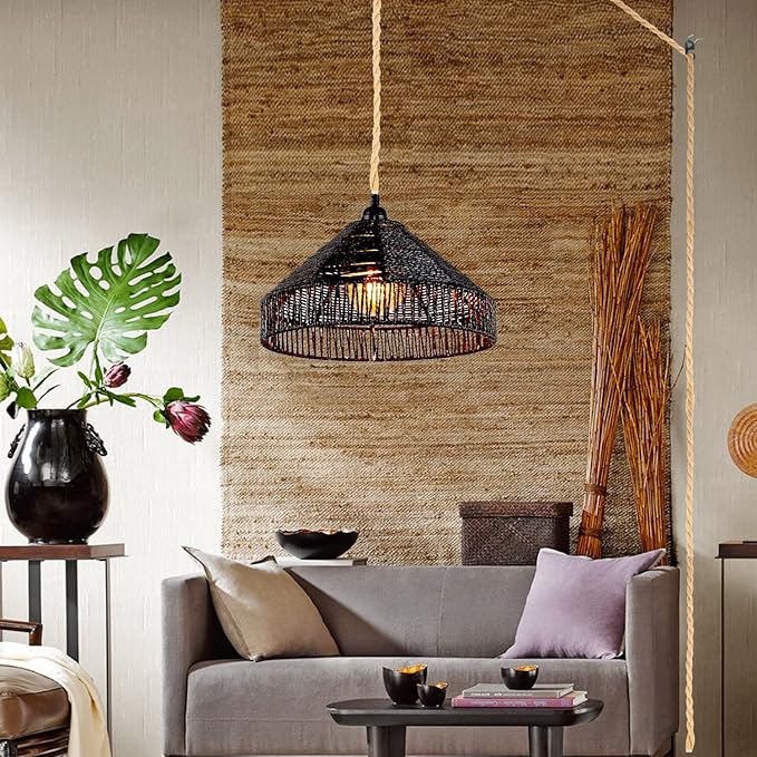 Plug in Pendant Light Rattan Hanging Lamp with On/Off Switch 15 Ft Hemp Rope Modern Woven Pendant Light Fixtures 12" Handwoven Rattan Basket Shade Boho