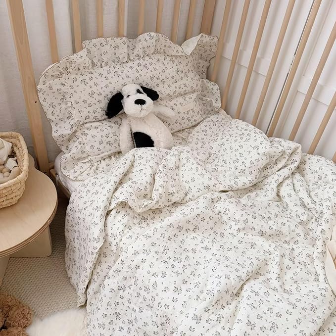 BuLuTu Muslin Cotton Quilt for Toddler Girls Boys, Blue Brown Floral Blanket for Crib/Cot/Toddler Bed Blanket, Soft Lightweight Kids Comforter with Lace Edges, 60x78 Inches, No Pillow Case