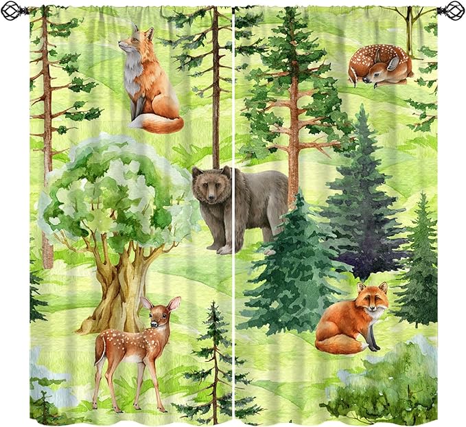 Woodland Animal Curtains, Watercolor Jungle Animals Fox Bear Pattern Blackout Window Treatments, Rod Pocket Thermal Insulated Drapes 2 Panel Sets for Kids Bedroom Nursery Classroom, 42" W X 54" L