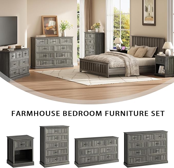 CARPETNAL Farmhouse Dresser and Nightstand Sets for Bedroom, 3 Pcs Bedroom Set, 7 Drawer Dresser & Nightstand Set of 2, Modern Wood Chest of Drawers for Bedroom, Living Room, Entryway, Grey