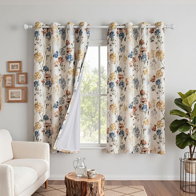 MYSKY HOME 100% Blackout Linen Floral Curtains 63 Inch Long 2 Panels for Bedroom Farmhouse Flower Patterned Double Layer Thermal Insulated Black Out Grommet Window Treatments, Yellow, 52" W Each Panel