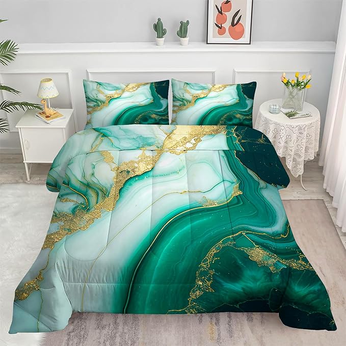 Comforter Set Green Marble: Twin Size Emerald Green Gold Bedding Set for Teen Girls Kids Adults Abstract Turquoise Watercolor Marbling Quilt Bed Sets 1 Comforter & 1 Pillowcase