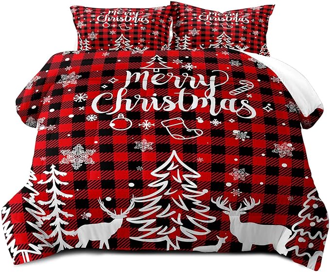 LUVIVIHOME 2PCS Christmas Comforter Set Twin Size, Plaid Bedding, Red and Black Buffalo Check Snowflake Forest Deer Merry Christmas Bedroom Decor, Soft Microfiber Quilt, Xmas Gifts, 1 Pillow Sham