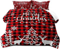 LUVIVIHOME 3PCS Christmas Comforter Set Full Size, Plaid Bedding, Red and Black Buffalo Check Snowflake Forest Deer Merry Christmas Bedroom Decor, Soft Microfiber Quilt, Xmas Gifts, 2 Pillow Cases