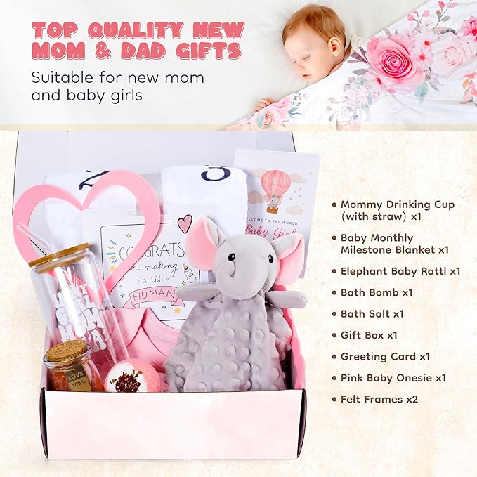 New Mom Gifts & Baby Girl Gift Set for Newborn,Baby Girl Gift Basket with Baby Milestone Blanket,Pregnancy Gifts for Expecting Mom,New Mom Care Package After Baby, Pregnancy Gifts for Women and Baby