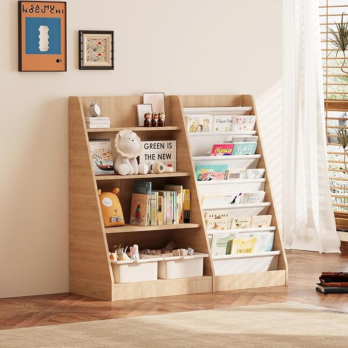 NACHES 4 Tier Kid Bookshelf Wooden 6 Sling Children Bookcase Toddler Montessori Bookcase Book Rack Display Toy Storage Organizer Book Display Shelf Stand Classroom Bedroom Nursery Playroom (Burlywood)