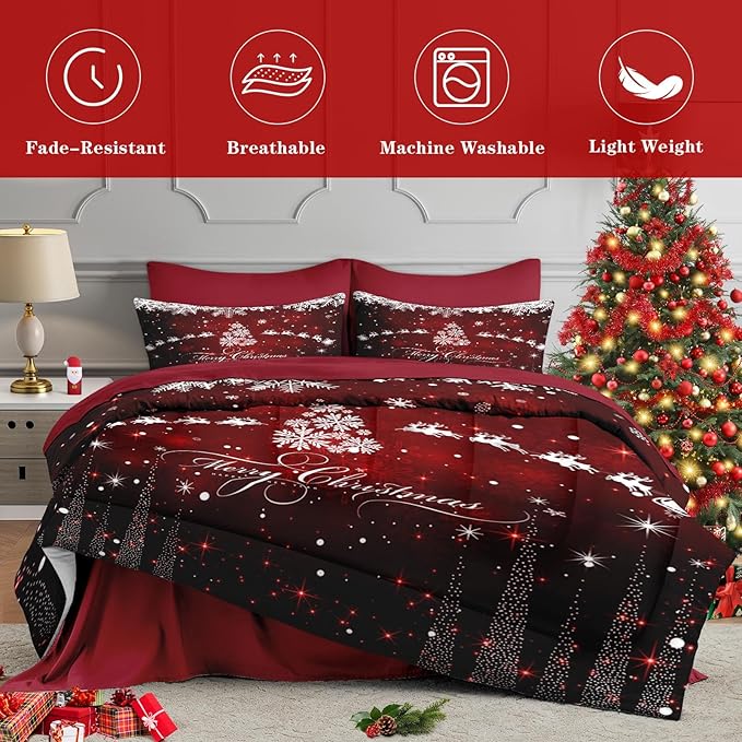 5 Pcs Twin Size Christmas Comforter Set with Pillowcase & Sham, Dark Red Winter Snowflake Bedding for Kids and Adults, Merry Xmas Bed in a Bag with Flat Fitted Sheet