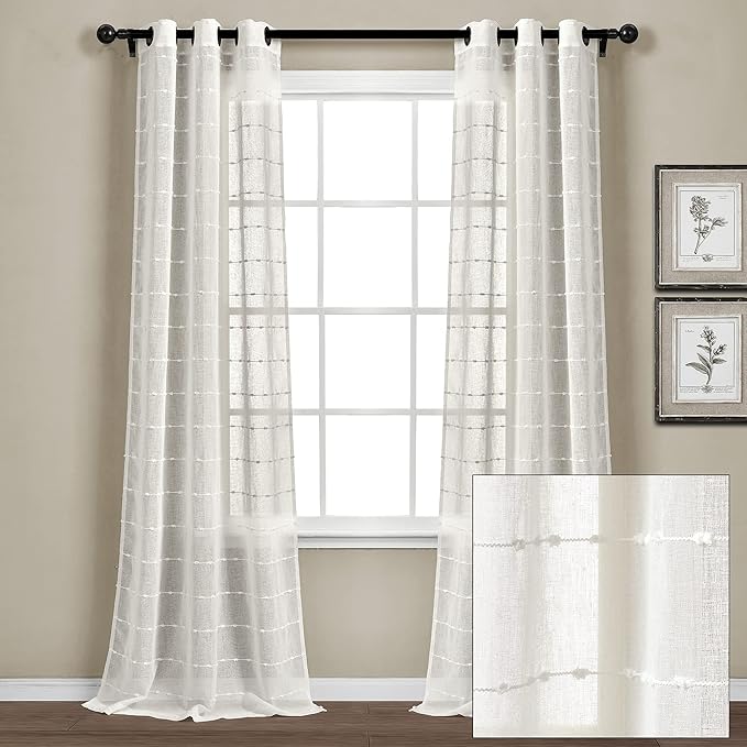 Lush Decor Farmhouse Textured Grommet Sheer Window Curtain Panel Pair, 38"W x 95"L, White
