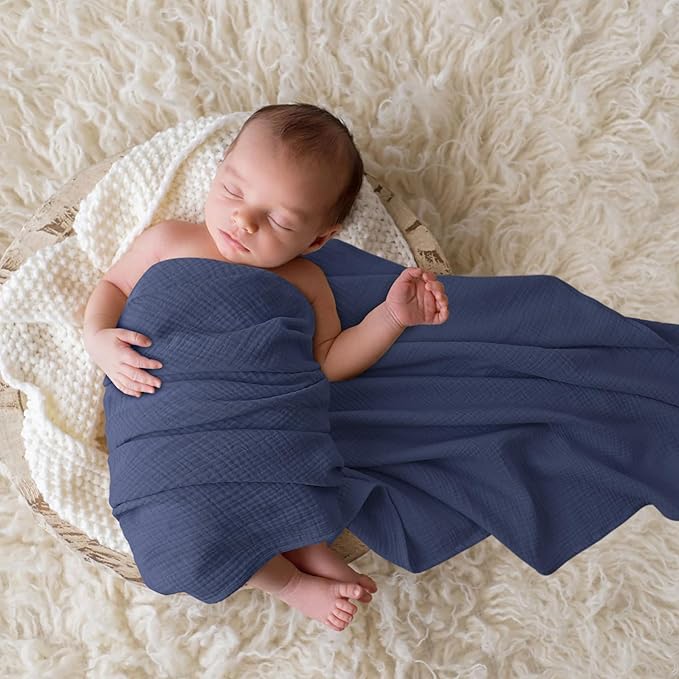 Bearmoss Muslin Swaddle Blankets, 40 x 38 inches Baby Swaddle for Boys and Girls, Soft Baby Blanket, 3 Pack Breathable Nursery Receiving Blankets (Blue Green)