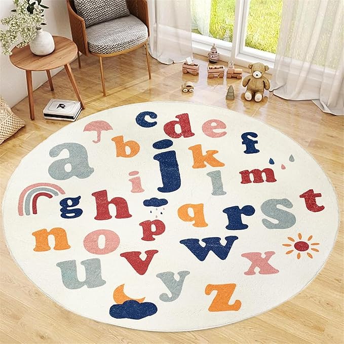 ABC Round Rug,3.3ft,Children's Educational Learning Area Rug, Colorful Alphabet Kindergarten Area Rug, Soft Fluffy Faux Cashmere Baby Crawling Mat for Living Room, Bedroom, Children's Room