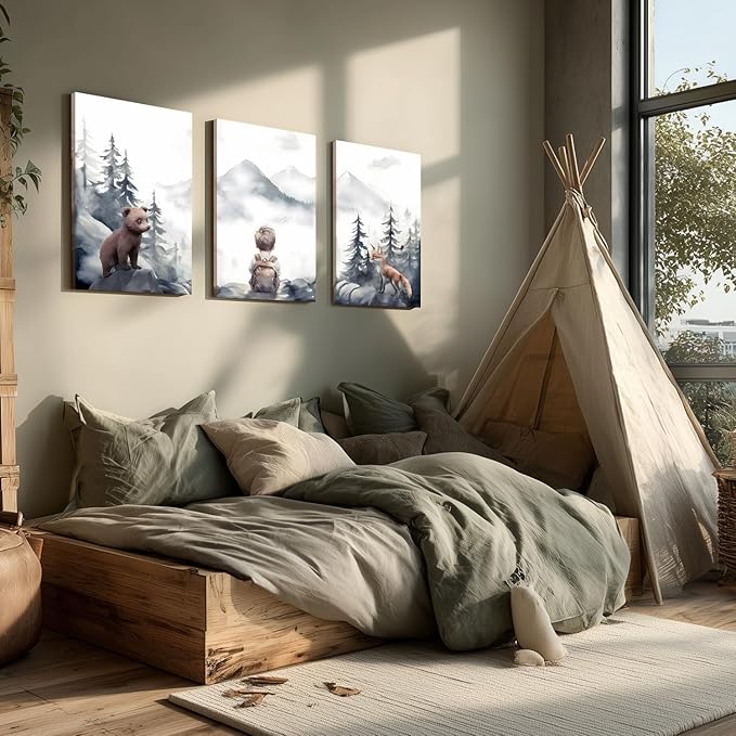 Cyebmo Framed Woodland Boy Nursery Wall Art Set of 3, Whimsical Boy Adventure Wall Decor, Mountain Forest Animal Bear Fox Wrapped Canvas Artwork for Classroom Kids Room Baby Nursery 16"x24"x3