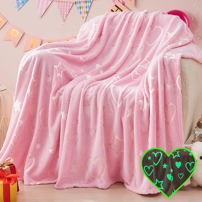 inhand Birthday Gifts Toys for Girl Pink Heart Glow in The Dark Blanket Thanksgiving Throw Blanket Cute Kids Blanket Pink Heart Soft Fleece Throw Blanket for Kids（30x40 Pink ）