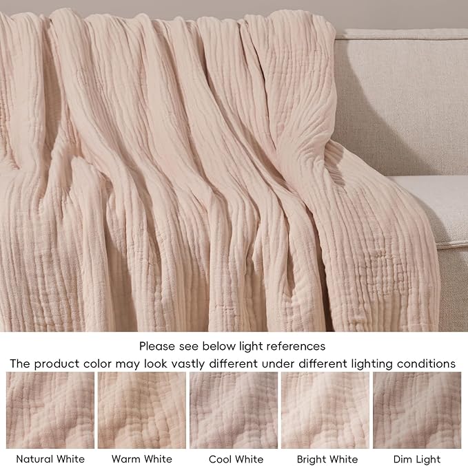 PHF Cooling Muslin Blanket Queen Size 90"x80", 6-Layer Lightweight Gauze Blanket Made from 35% Rayon Derived from Bamboo & 65% Cotton, Breathable & Ultra Soft Cozy, Aesthetic Home Decor, Cameo Rose