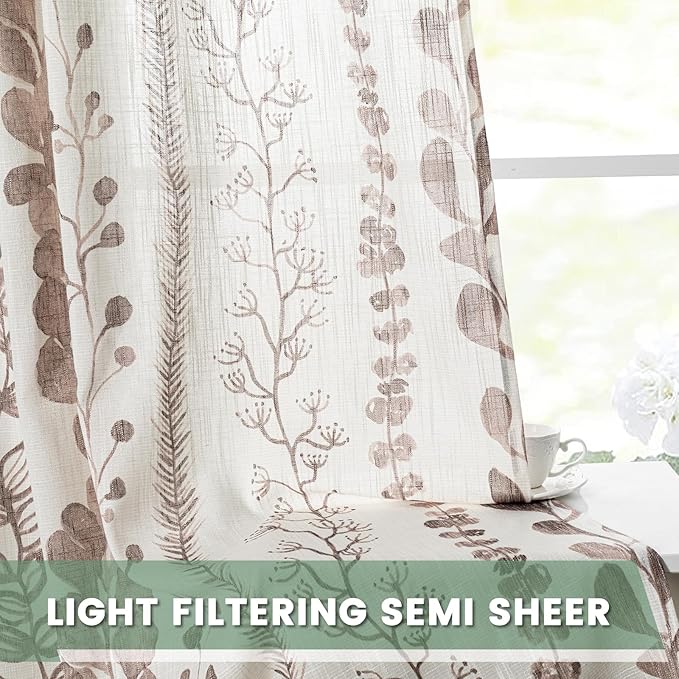MEETSKY Boho Curtains 2 Panels Curtains 63 Inches Long Boho Linen Style Curtains for Living Room Semi-Sheer Back Tab Drapes Light Filtering Rod Pocket Window Curtains 2 Panels, Brown